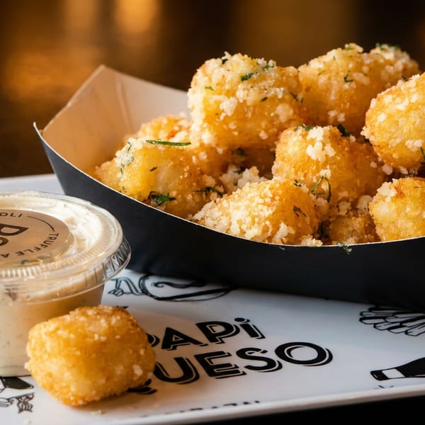 Crispy golden fried cheese curds in a black paper tray with a side of truffle aioli.