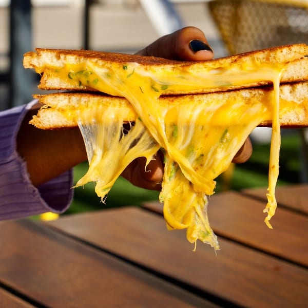 A hand holds a grilled cheese sandwich with melted cheese stretching between the halves.
